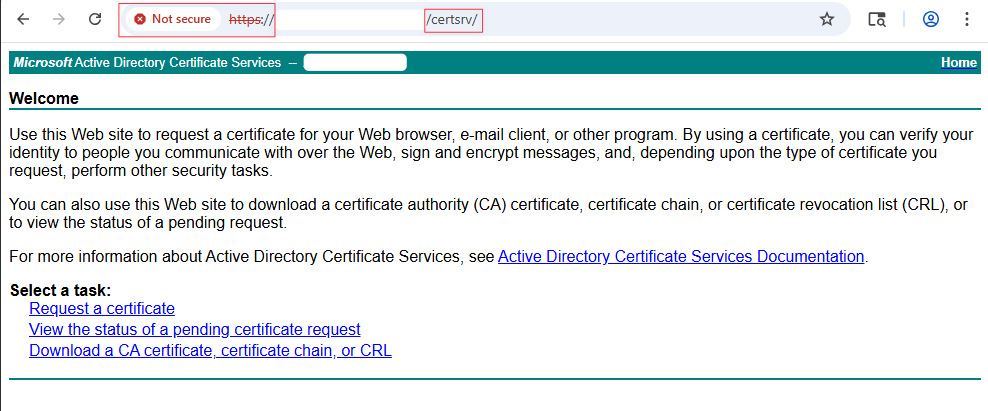 Active Directory Certificate Services Web Enrollment page exposed over HTTP