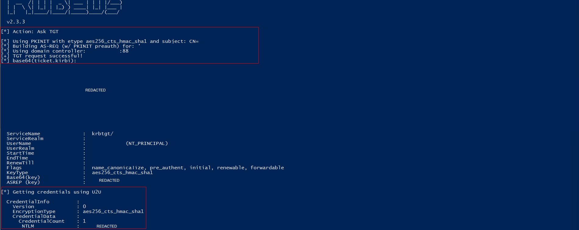 Rubeus asktgt output showing PKINIT preauth, TGT request successful, and U2U credential extraction with NTLM hash redacted