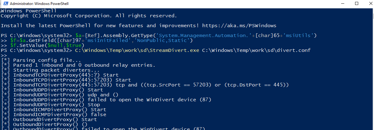 StreamDivert startup output showing the TCP diverter binding to port 445 and UDP/ICMP diverters failing as expected